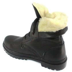 Military winter black leather boots with fur