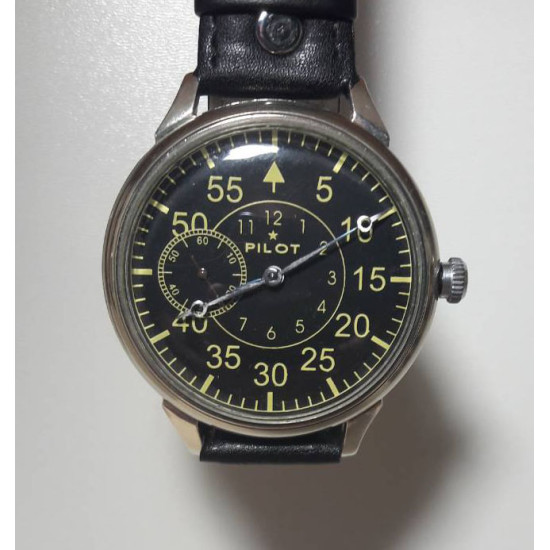 Orologio da polso sovietico meccanico trasparente Pilot Molnija con quadrante nero Lightning