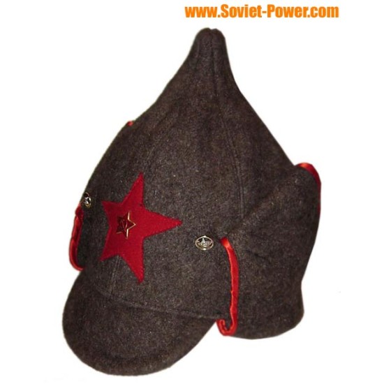 長い耳BUDENOVKA茶色と赤軍のウールの帽子