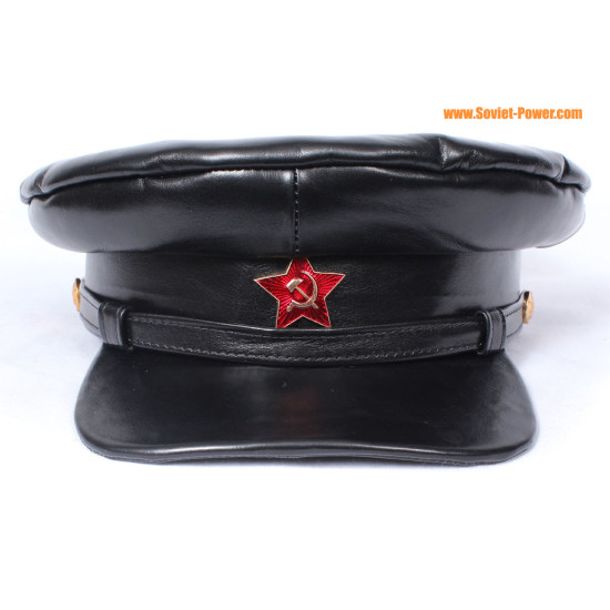 Cappello da ufficiale sovietico in pelle nera Berretto con visiera bolscevica dell'URSS con stemma della stella rossa