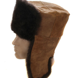 Soviet dark brown fur ushanka winter hat with suede leather