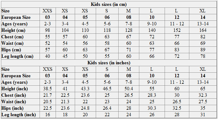 Kids size chart