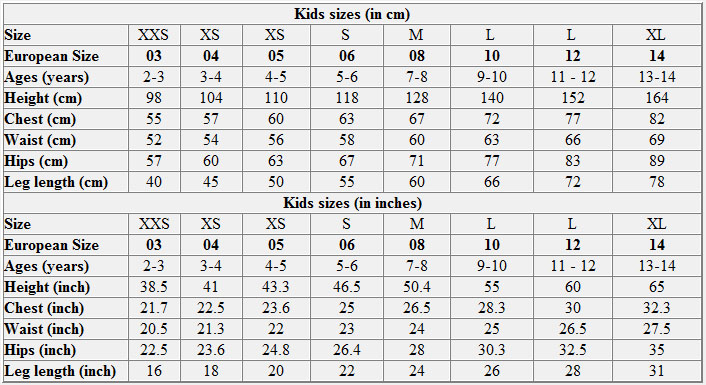 Kids Small Size Chart